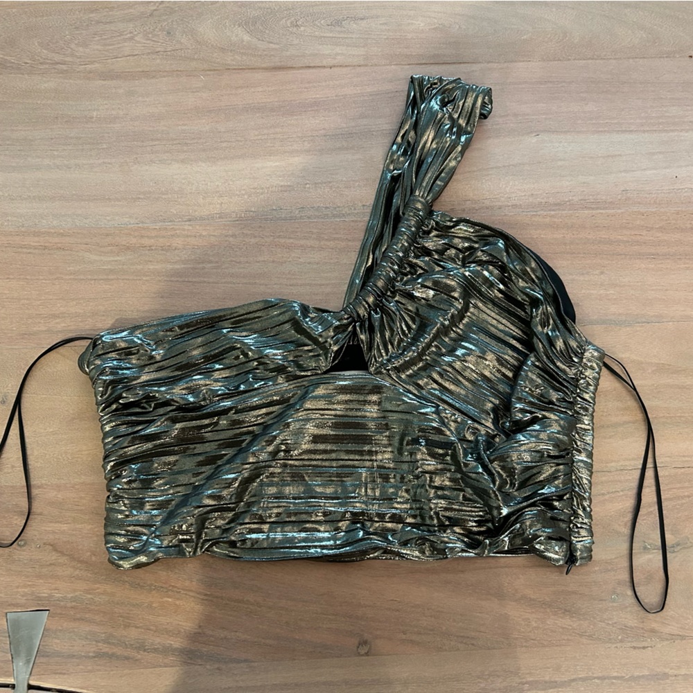 Zara Metallic One-Shoulder Top - Black and Silver